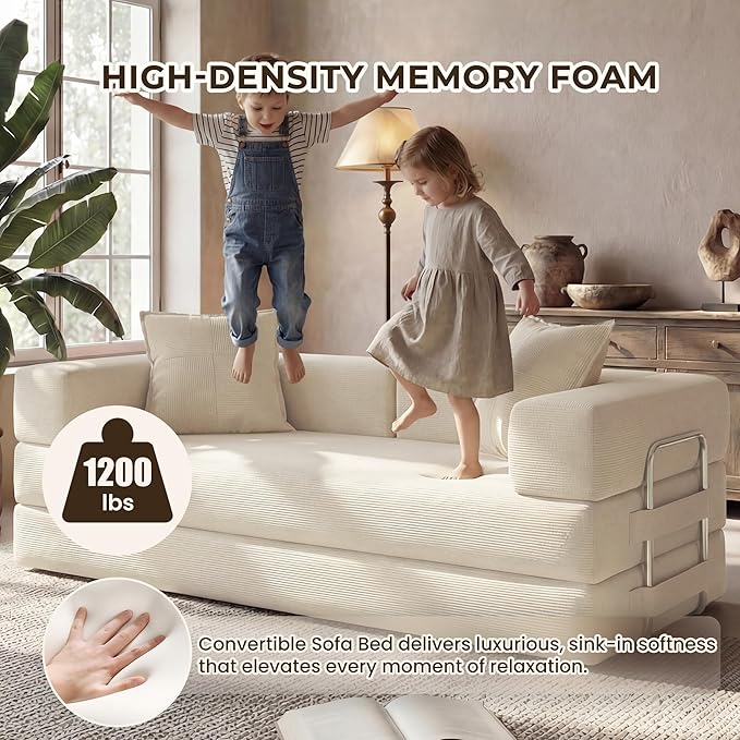 78 Inch Convertible Sofa Bed, 5-in-1 Futon Sofa Bed Pull Out Couch, Boneless Couch Bed for Living Room, Corduroy Boneless Couches for Bedroom, Apartment, No Assembly Sleeper Sofa Bed, Beige | 4 Fixed-Shape Frame, Removable Corduroy, High-density foam, ...