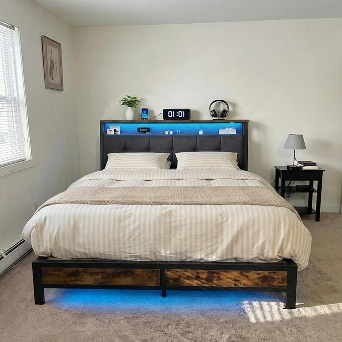 Homkdom King Bed Frame with Charging Station and LED Lights, Grey Upholstered Headboard with 2-Tier Storage Shelves,12" Under-Bed Storage, No Sliding, Noiseless, 1100LBS,76.2W*88L*40H