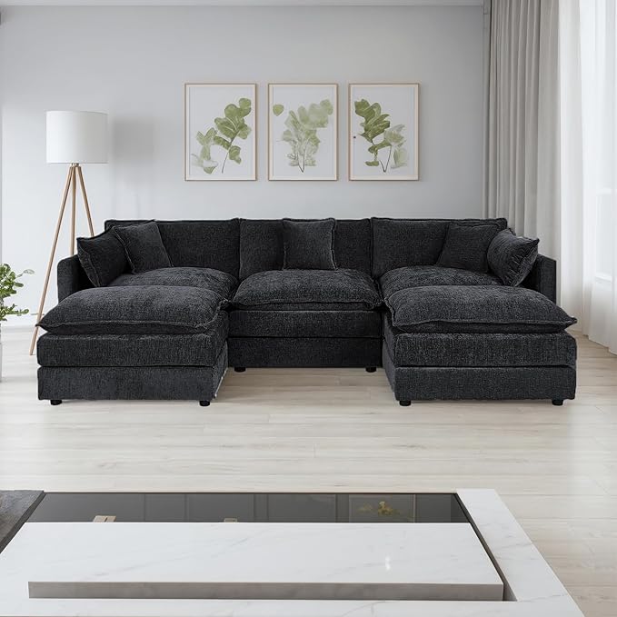 Setawix Deep 3 Seater Couch with Ottomans,112.2" U-Shaped Cloud Couches for Living Room,Chenille Cloud Sofa Couch with Deep Seat,Modular Sectional U Shape 3 Seat Sofa for Bedroom(Black, 3+2)