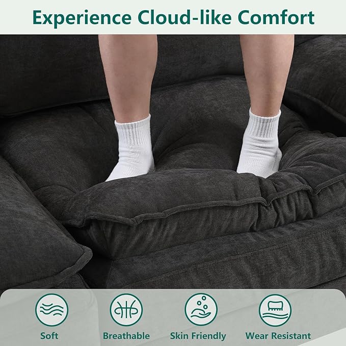 Modular Sectional U Shaped Sofa Couches for Living Room, Cloud Couch with Movable Ottoman, Comfy Chenille Sofa with Pillow for Bedroom and Apartment,Black