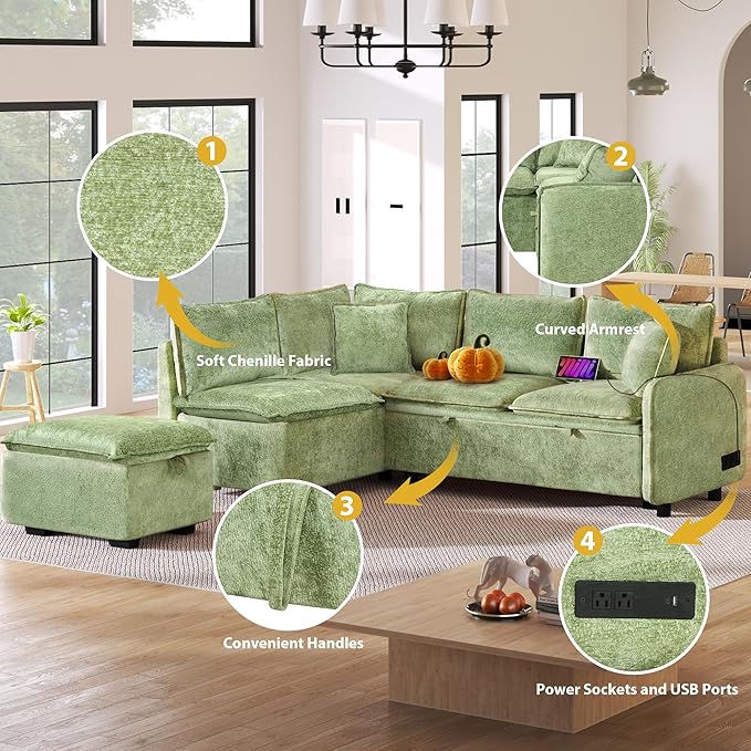 LUMISOL 82.7" Convertible Sleeper Sofa Bed with Storage Ottoman, L-Shaped Sectional Sofa with Pull Out Bed, USB Ports, Chenille Sleeper Sofa Couch with Chaise for Living Room, Green
