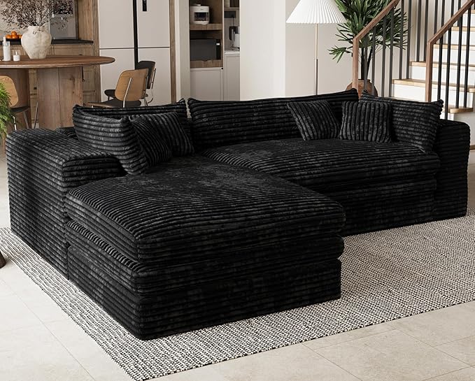 Belffin Plush Corduroy L Shaped Couch with Deep Seat Boneless Modular Sectional Cloud Boneless Couches for Living Room. Left Facing Chaise. Black Sofa