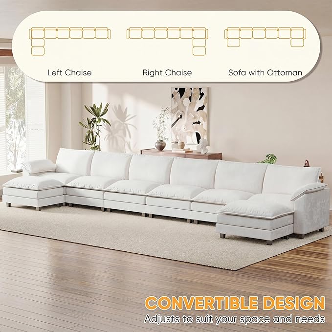 232.28'' Oversized U Shaped Couch, Modular Sectional Sofa with 2 Movable Ottoman, Chenille Cloud Couches with Double Layer Cushion, Thick Cushions Couches for Living Room (White, Oversized Sofa)