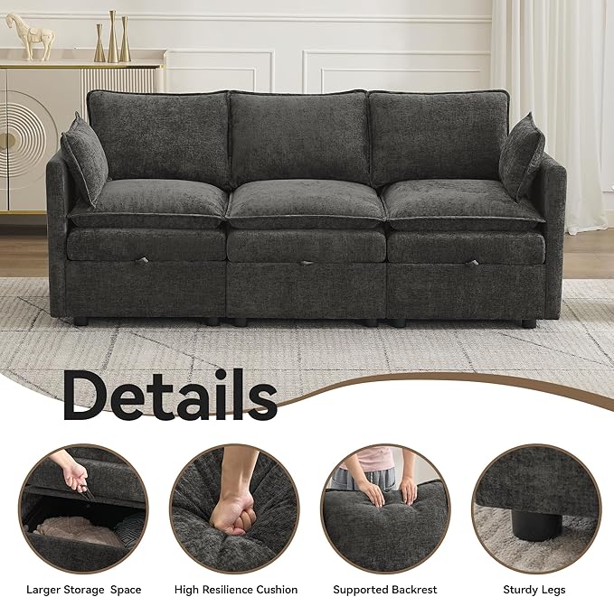 80" Cloud Modular 3 Seater Sofa with Storage, Modern Upholstered Storage Sofa Couch Deep Seat, Sectional Sofa Chenille Comfy Couch with Armrests for Living Room, Small Space, Dark Grey | Sofa Storage, Storage Sofa, Deep Seat, Sectional Sofa, Comfy Couch