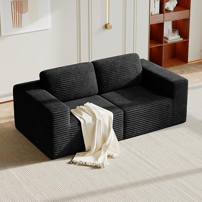 Vesgantti 80" Modular Sectional Sofa, Corduroy Cloud Couch with Deep Seating & Spring Support, 2 Seater Compact Modular Couch, Boneless Sectional Sofa for Small Spaces, No Assembly Required, Black