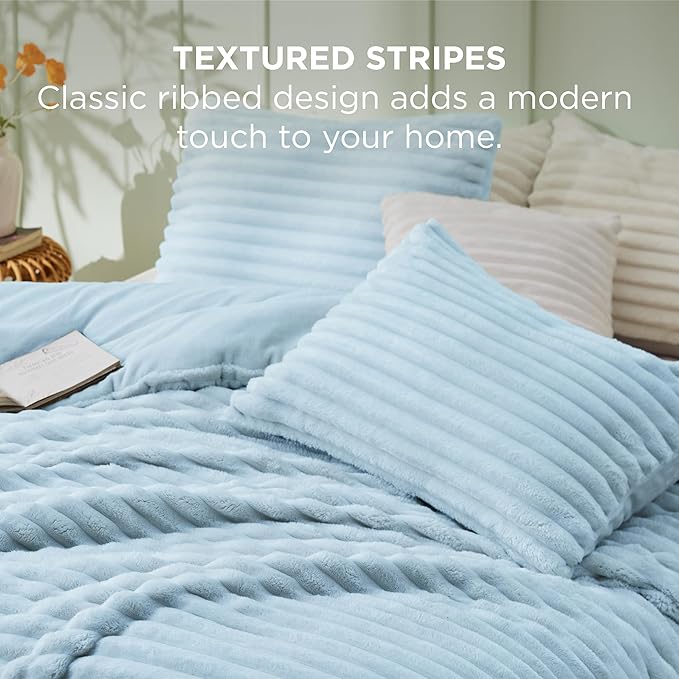 Bedsure King Comforter - GentleSoft™ 3 Pieces Double-Side Fleece Fluffy Light Blue Comforter Set, Cozy Striped Room Decor Aesthetic, Luxury King Size Bedding with 2 Pillowcases, 104x90 Inches