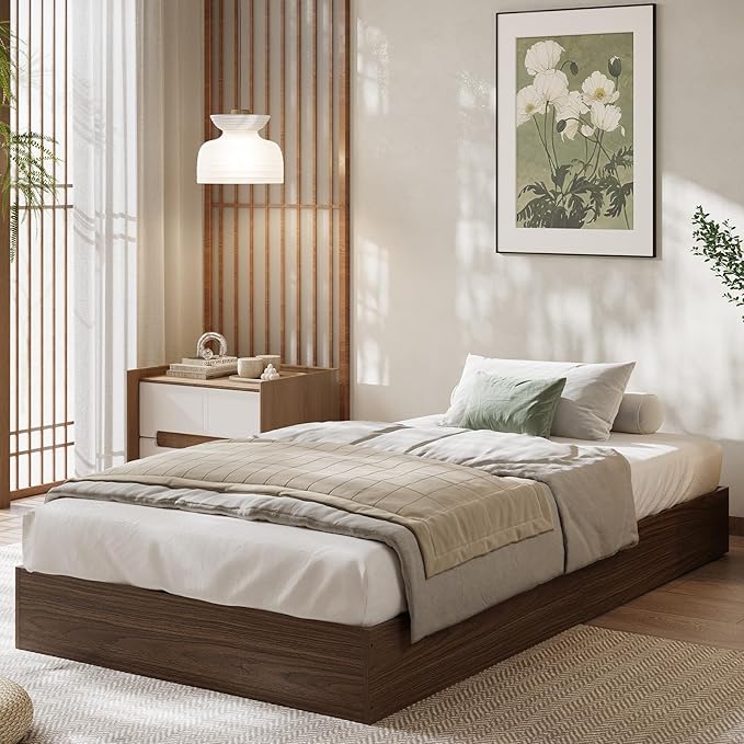 Wood Platform Bed with Sturdy Wooden Slats, Twin Size Floor-Standing Bed Frame, Modern Minimalist Design Space-Saving Bed Frame, No Box Spring Needed, Easy Assembly