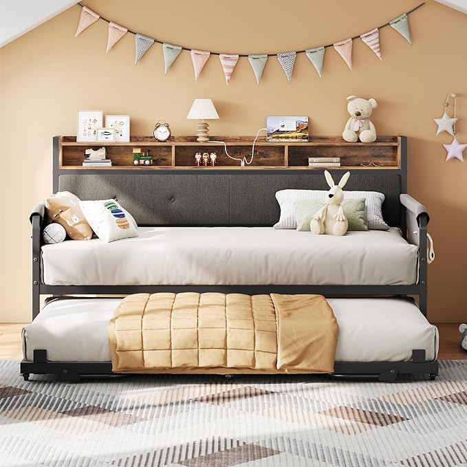 LIKIMIO Daybed with Trundle, Twin Bed Frame with Upholstered Headboard and Charging Station, Sofa Day Bed with Strong Supports for Living Room, Bedroom and Guest Room, Black
