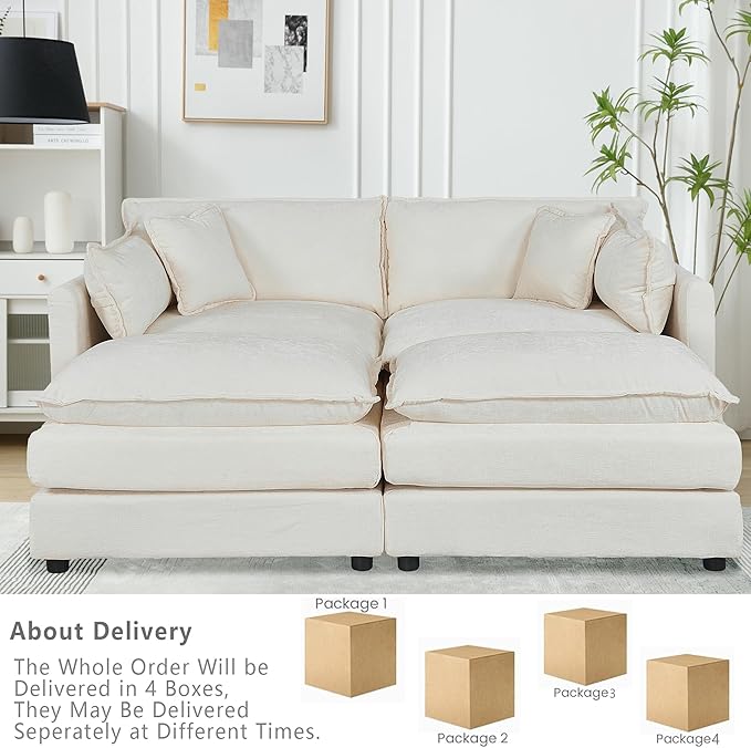 Setawix Deep Loveseat Couch with Ottomans,Large 2 Seater Lounger Cloud Couches for Living Room,77.16" Chenille Cloud Sofas with Deep Seat,Modular Sectional Sleeper Sofa for Bedroom (Beige, 2+2)
