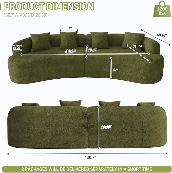 131" Curved Modular Sectional Sofa for Living Room, Modern Chenille Oversized Cloud Couch Sofa, Luxury Plush Extra Deep 4-Seater Boucle Couch for Apartment‌‌, No Assembly Required, Green