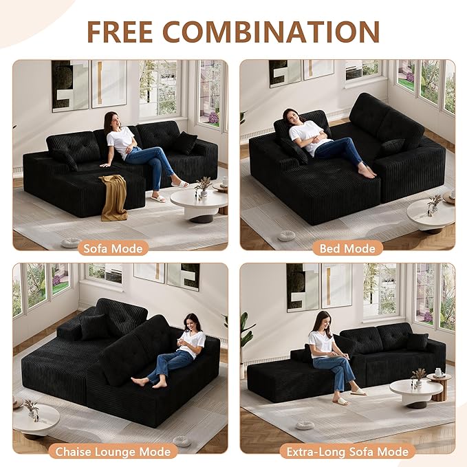 Ball & Cast 106" Modular Sectional Sofa, Cloud Corduroy Couch with Deep Seat, Boneless L-Shaped Sectional, Upholstered Modular Sofa for Living Room, No Assembly Required (Black, Left Facing Chaise)