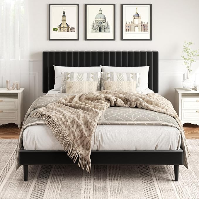 HAOARA Queen Size Platform Bed Frame with Velvet Upholstered Headboard, Queen Bed Frame with Strong Wood Slats, Box Spring Optional, Mattress Foundation, Easy Assembly Black