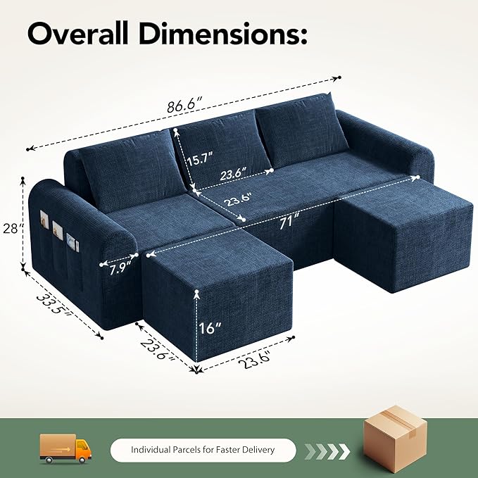 86.6" Cloud Boneless Sectional Sofa for Living Room, 3-Seater Modular Couch for Small Apartments with 2 Ottomans, Deep Seat Chenille Fabric Sofa, No Assembly Required, 72H Full Restore, Blue