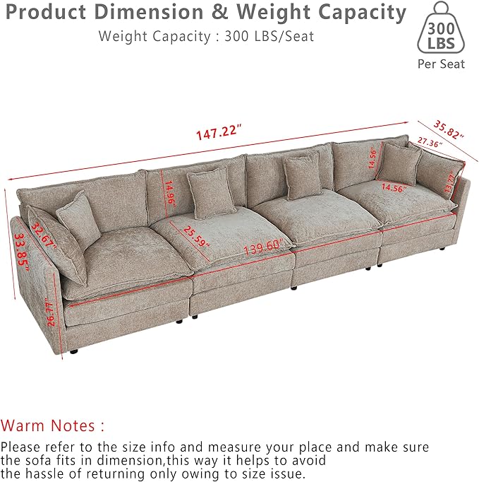 Setawix Chenille Cloud Couches for Living Room,4 Seater Cloud Sofa Couch with Deep Seat,147.22" Roomy Cloud Sofas,Modular Sectional 4 Seat Sofa with Pillows for Bedroom (Coffee, 4 Seater)