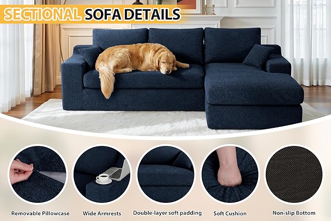HABUTWAY 101'' Modular Sectional Sofa, Cloud Sectional Couches for Living Room, Comfy Boneless Couch with Deep Seat, Modern L-Shape Sofa with Chaise, No Assembly Required (Blue, Right Facing Chaise)