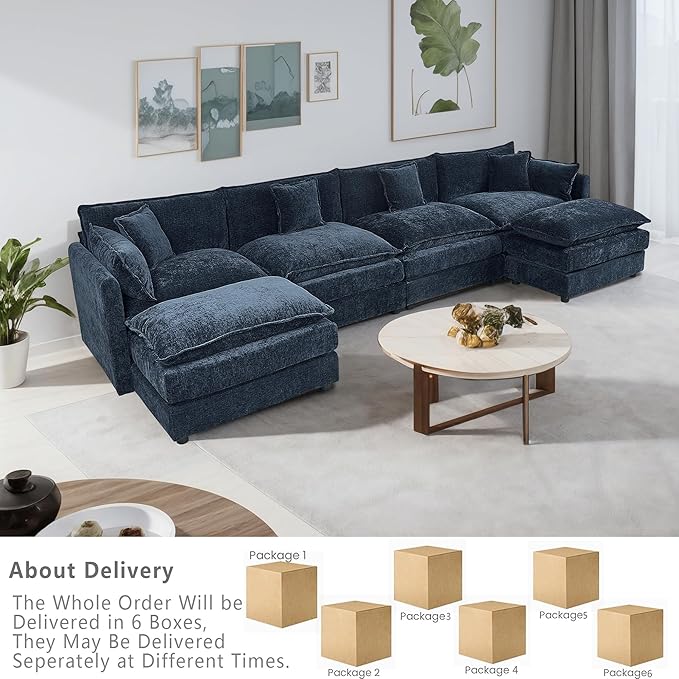 Setawix Deep 4 Seater Couch with Ottomans,147.22" U-Shaped Cloud Couches for Living Room,Chenille Cloud Sofa Couch with Foorest,Modular Sectional U Shape 4 Seat Sofa for Bedroom (Blue, 4+2)