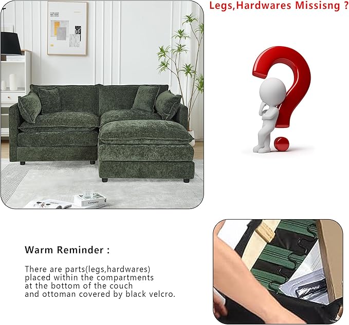 Setawix Deep Loveseat Couch with Ottoman,Large L-Shaped 2 Seater Cloud Couches for Living Room,77.16" Chenille Cloud Sofas with Deep Seat,Modular Sectional 2 Seat Sofa for Bedroom (Green, 2+1)