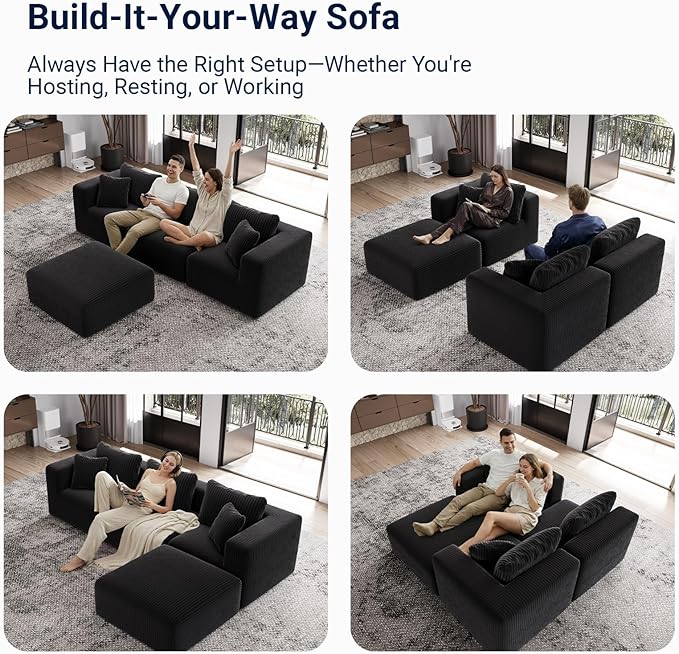 Avenco 141” U-Shaped Modular Sectional with 4 Ottomans, Individually Wrapped Coil Support & Corduroy Fabric, Zero Assembly 8-Piece Set for Spacious Living Room, Black