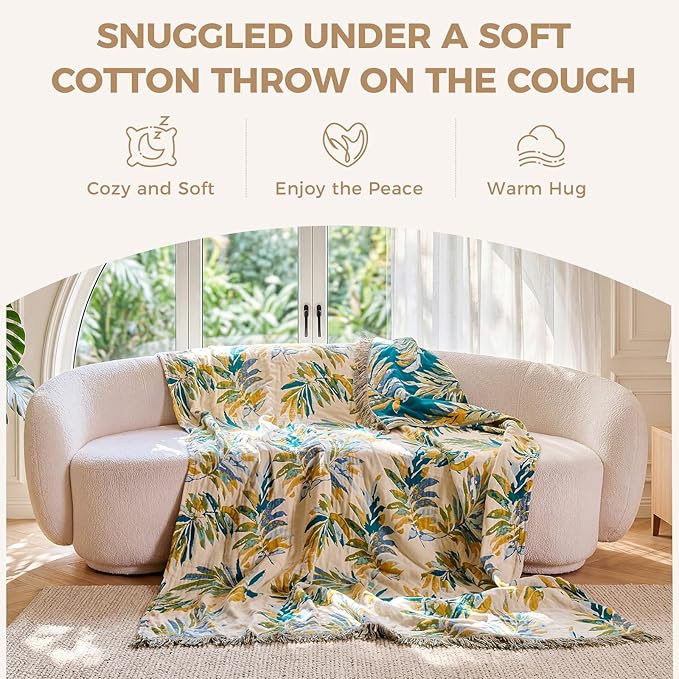 LUTBM Boho Throw Blanket for Bed Cotton Spring Blankets Twin Size for Bedroom Living Room All Season Lightweight Leaves Embroidery Breathable Quilt for Couch Sofa Chair 60"x80" Home Decor