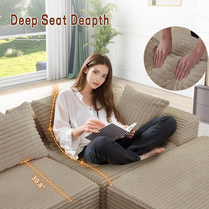 110" L-Shaped Modular Sectional Sofa with Chaise, Boneless Comfy Corduroy Fluffy Couch with Deep Seat and Side Pockets, Flexible Module Combination for Living Room, No Assembly, Side Pockets