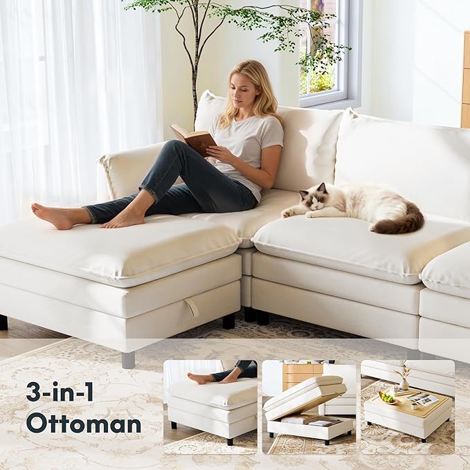 FLEXISPOT SF6 L-Shaped Cloud Sectional Couch with Storage Ottoman, 3-Seater Modular Sectional Sofa, 100.4" Wide Comfy Upholstered Sofa Couch for Living Room Apartment, Chenille White