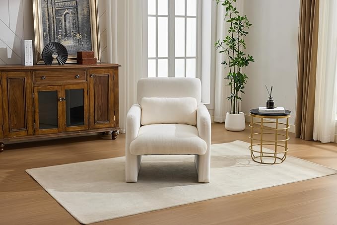 GDFStudio 30" Modern Accent Chair, Upgrade Leisure Boucle Upholstered Armchair with Straight Arms and Waist Pillow, Comfy Single Sofa Chair for Living Room Bedroom Office Apartment, Ancient White