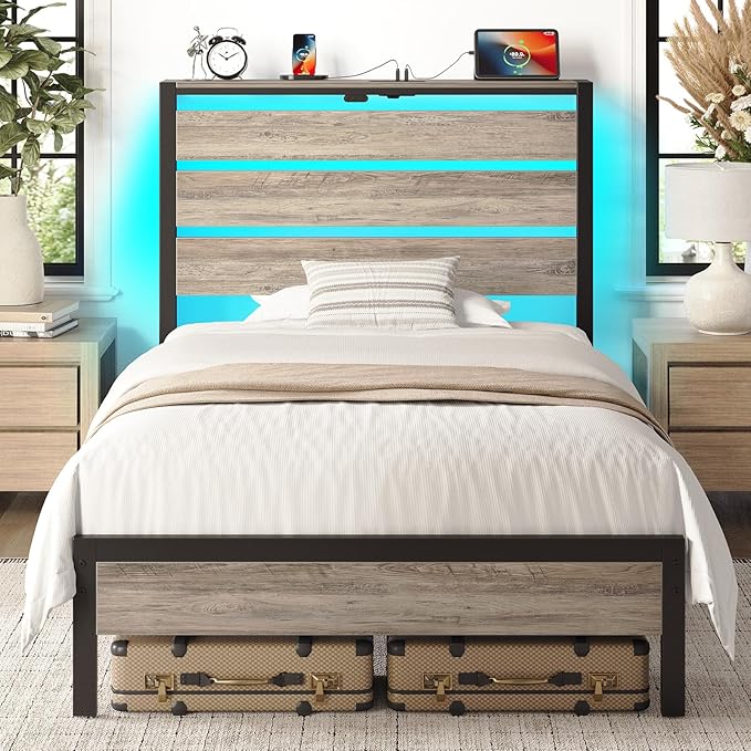Rolanstar Twin Bed Frame with LED Lights and Charging Station, Wood Storage Headboard and Under Bed Storage, Metal Platform Bed, Easy Assembly, No Box Spring Needed, Grey
