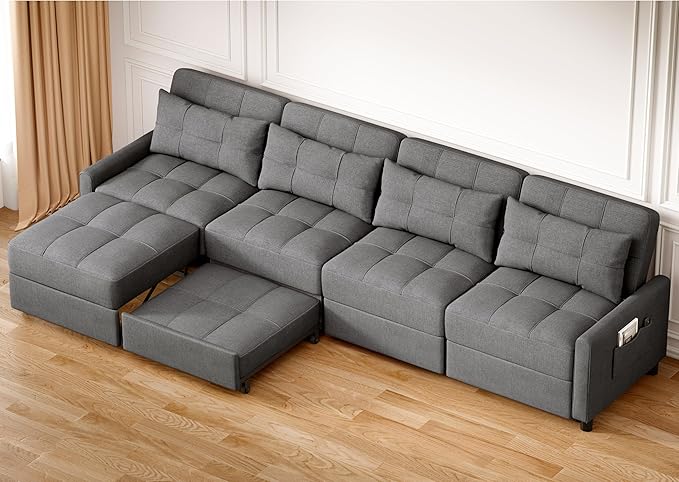 Aiho Pull Out Couch, Convertible Sofa Bed with Adjustable Backrest, 5 Seater Sectional Sleeper Sofa, Couch Bed with Spring Support, for Apartment Living Room, Dark Grey