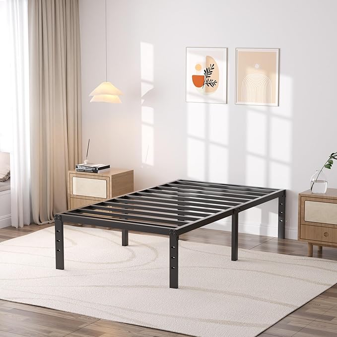SHLAND Bed Frame Twin, 18 Inch Metal Twin Platform Bed Frame No Box Spring Needed, Mattress Foundation, Storage Space, No Noise, Easy Assembly