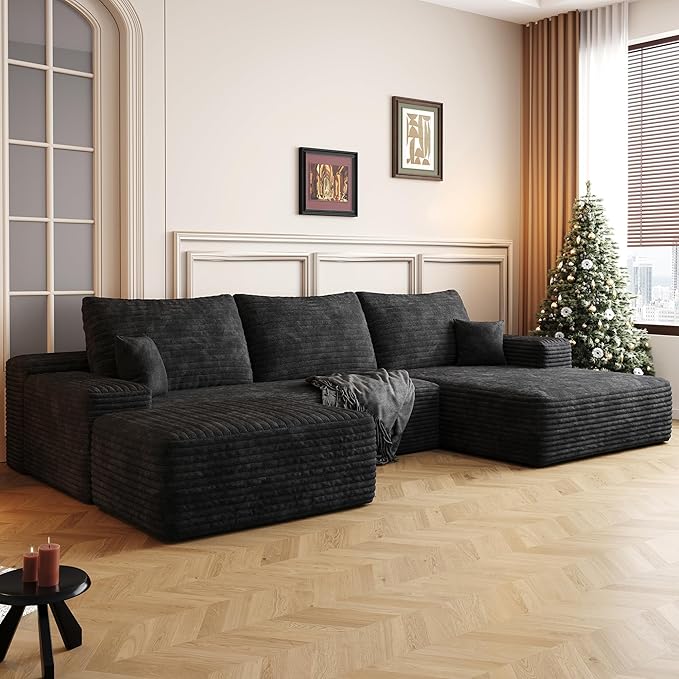 108" Sectional Couches for Living Room Cloud Couch Sofa with L-Shape Upholstered Boneless Couchs Modern Modular Sectional Couch with Chaise (Black, 108" Right Facing Chaise+2Seaters+1Ottoman)