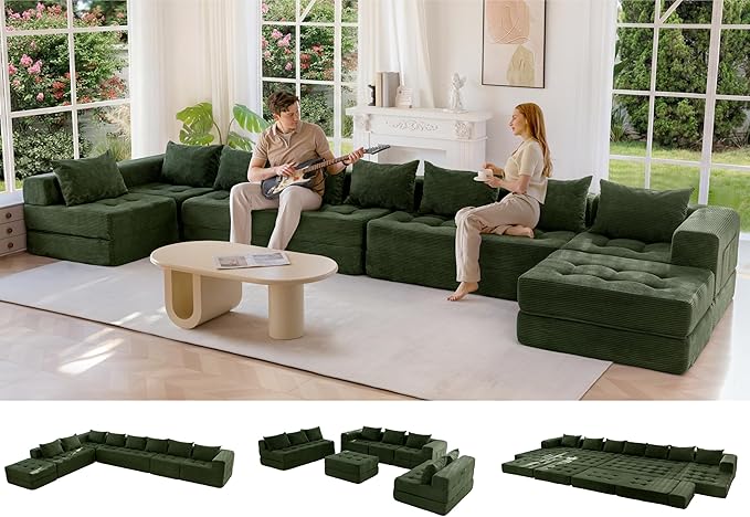MAXYOYO Modular Sectional Sofa Couch, Foldable Oversized U Shaped Cloud Couch with Pillows, Tufted Boneless Sleeper Lounger Floor Sofa Bed for Living Room, No Assembly Required, Dark Green