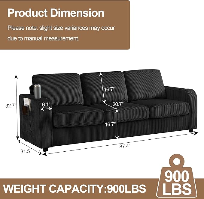 87.4" Oversized 3 Seater Couch,Upholstered Sofa for Living Room,Modern Deep Seat Comfy Loveseat Couches with Cup Holders,Corduroy Love Seat Sofa (Black)