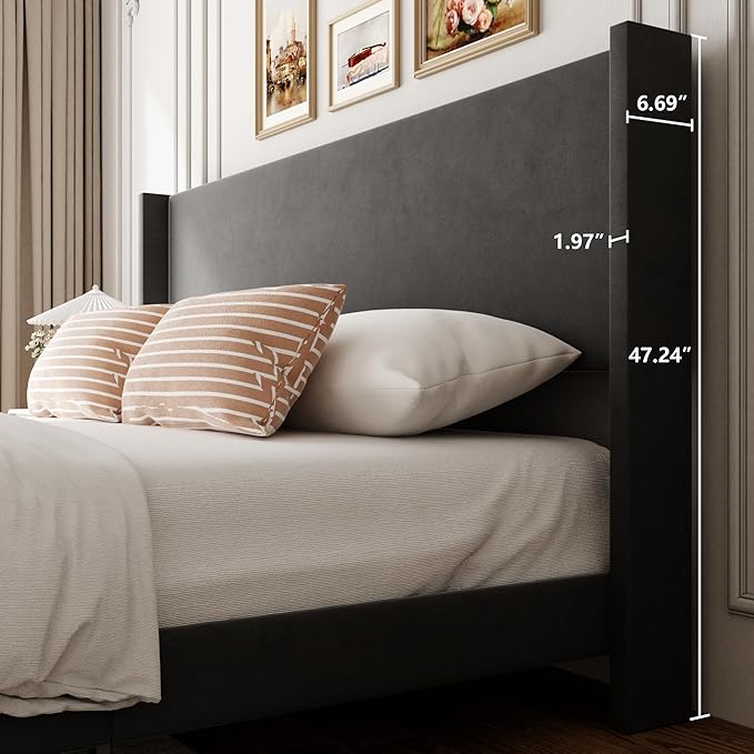 Sismplly King Bed Frame with Wingback Headboard, Velvet Upholstered Platform Bed with Wooden Slats, 6.46“ Under Bed Storage, Metal Support, Noise Free, No Box Spring Needed, Gray