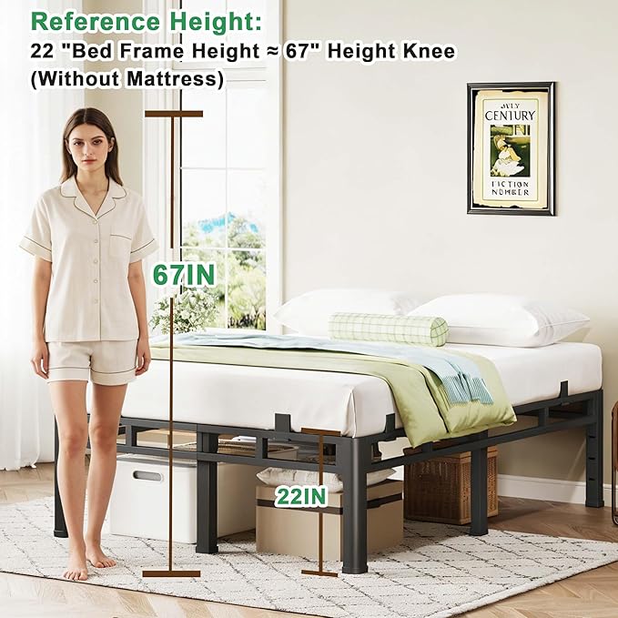 ROIL 22 Inch Twin Size Bed Frame, Metal Bed Frame & Box Spring 2 in 1 Platform with Round Corner Legs, 4000LBS Double Layer Bed Frame with Headboard Holes Mattress Baffles, Noise-Free Easy Assembly