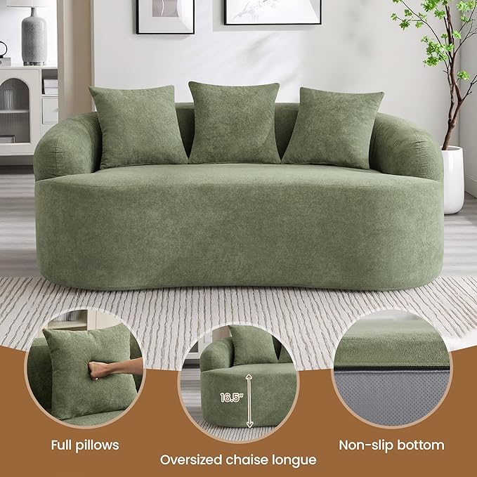 65" Boneless Loveseat Sofa Couch, Modern Comfy Curved Cloud Sofa, Chenille Deep Seat Love Seat Couches for Living Room, No Assembly, Green