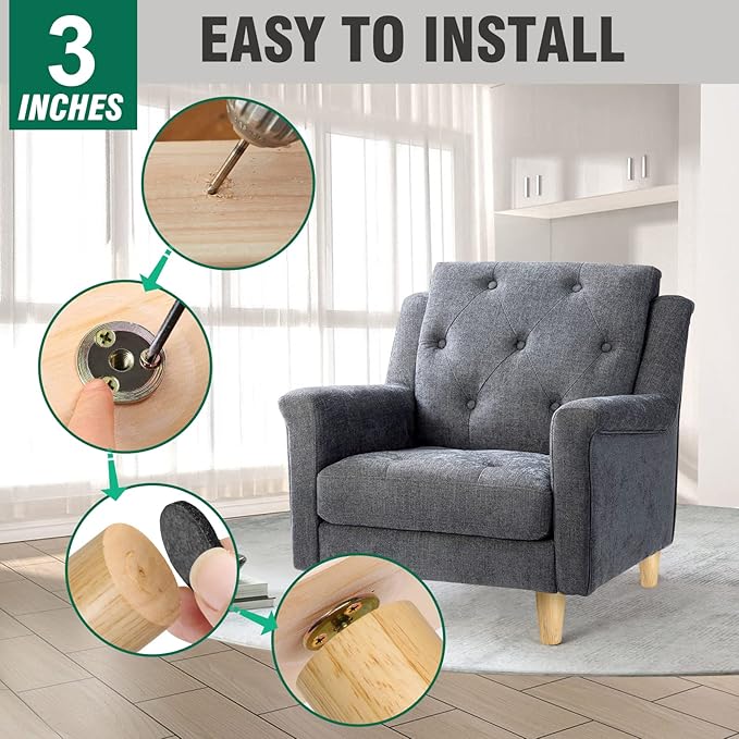 FoDau770 Rubber Wood Furniture Legs 3 Inches, Straight Tapered Wood Feet Mid Century Sofa Legs Set of 8, 5/16" UNC Furniture Feet Replacement Parts for Cabinet Couch Dresser Chair Ottoman Table
