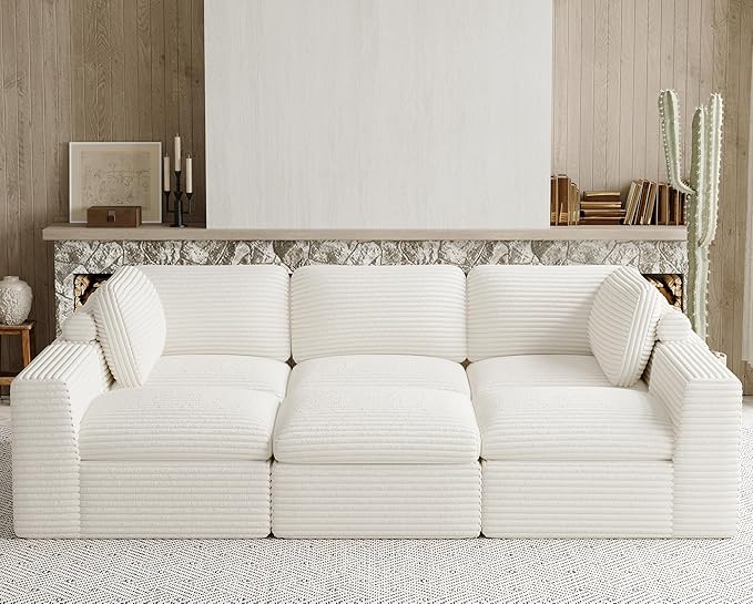 Cloud Sectional Sleeper Sofa Bed 6-Seater Plush Corduroy Modular Sectional Sofa Couches for Living Room with Ottoman. White Couch.