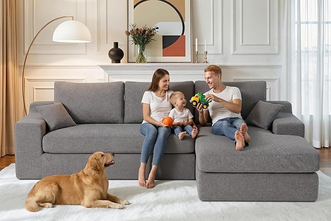 HABUTWAY 101'' Modular Sectional Sofa, Cloud Sectional Couches for Living Room, Comfy Boneless Couch with Deep Seat, Modern L-Shape Sofa with Chaise, No Assembly Required (Grey, Right Facing Chaise)