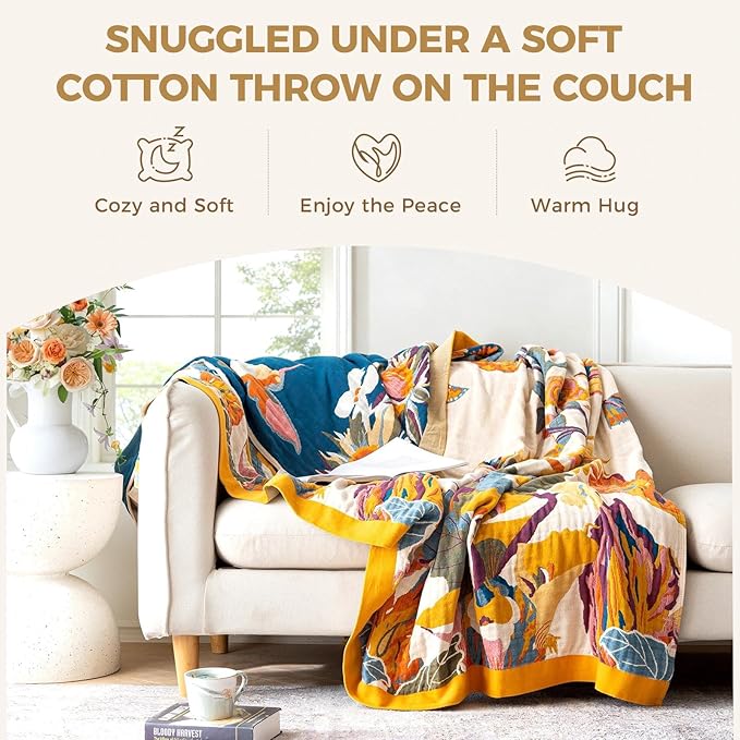 Boho Throw Blanket for Bed 100% Cotton Soft Lightweight Quilt Floral Butterfly Embroidery Home Decor Spring Bed Blankets,98"x98" All Season Reversible Blankets for Sofa Couch Chair