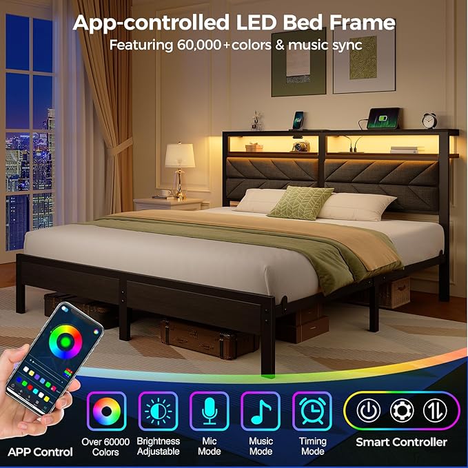Seventable King Size Bed Frame with Charging Station & LED Lights, Upholstered Headboard with Storage Shelves, Metal Platform with Under Bed Storage, No Box Spring Needed, Easy Assembly, Dark Grey
