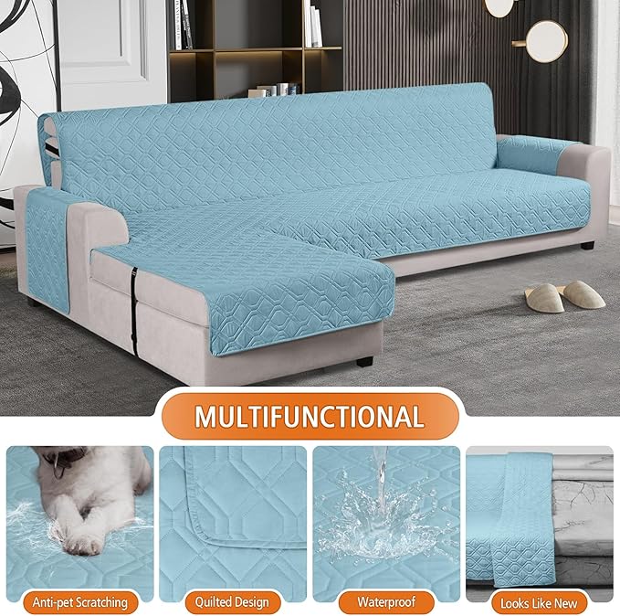 VANSOFY Upgraded Sectional Couch Covers 100% Waterproof L Shaped Sofa Slipcover Reversible Chaise Lounge Cover for Sectional Sofa Furniture Protector Cover for Pets Dog Cat(X-Large, Azuree)