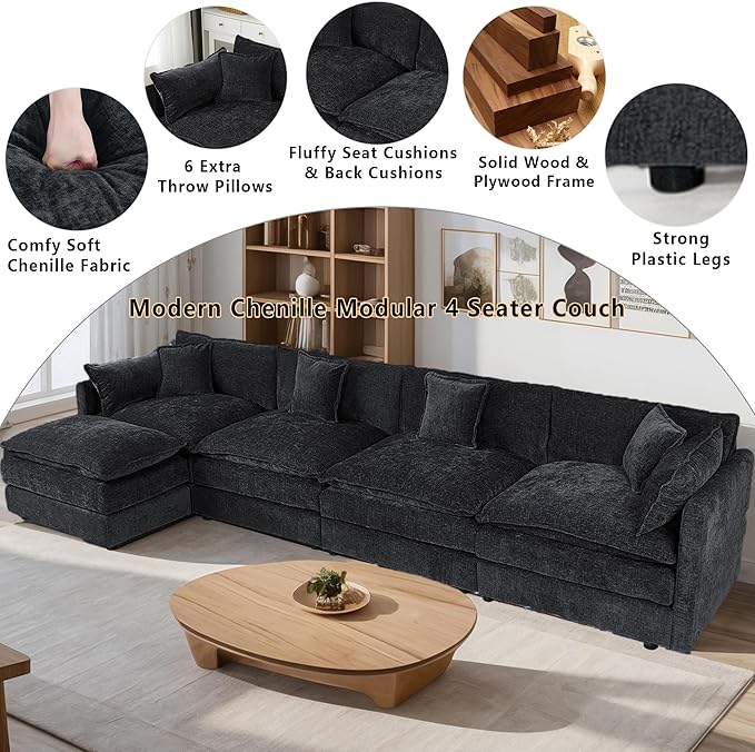 Setawix Deep 4 Seater Couch with Ottoman,147.22" L-Shaped Cloud Couches for Living Room,Chenille Cloud Sofa Couch with Deep Seat,Modular Sectional L Shape 4 Seat Sofa for Bedroom (Black, 4+1)