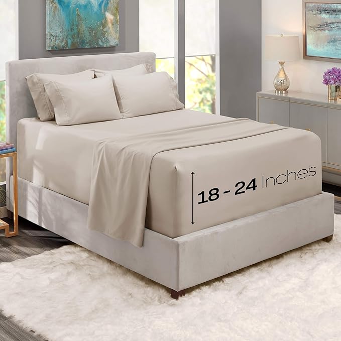 Hearth & Harbor Bed Sheets, Luxury Soft 6 Piece Bed Sheet Set Extra Deep Pocket Fitted Sheets Fits Mattress up to 21", Double Brushed Bedding Sheets & Pillowcases, Split King, Natrual Linen