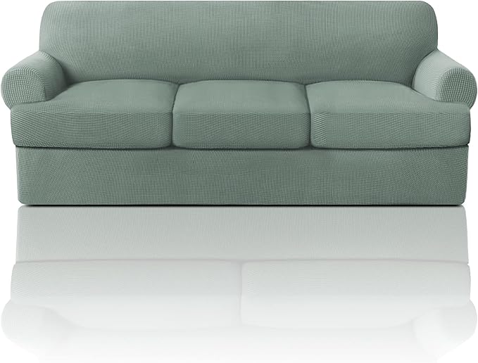 PrinceDeco T Cushion Sofa Slipcover 4 Pieces Sofa Covers for T Cushion Couch Soft Sofa Slip Covers Furniture Protector with 3 Individual T Shape Seat Covers Width Up to 88" Machine Washable, Sage