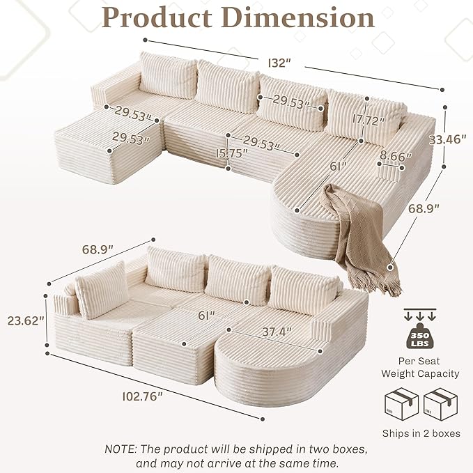 132” Boneless Couches for Living Room, L-Shaped Modular Sectional Sofa with Chaise & Ottoman, Modern Corduroy Cloud Couch with Deep Seat, Comfy Sponge Compression Convertible Sofas