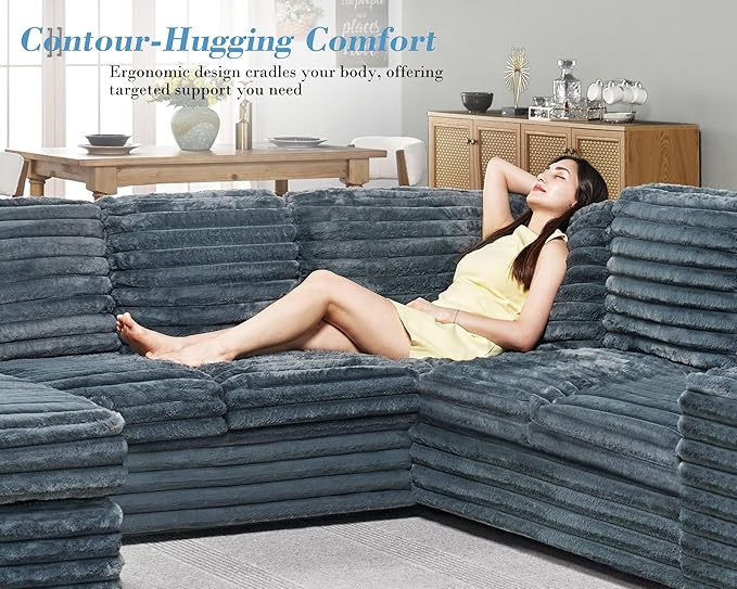 PaPaJet 112 Inch Oversized Couch, U Shaped Sofa with Storage Chaise, Sectional Sofa with Type-C & USB Ports, Faux Fur Dark Grey