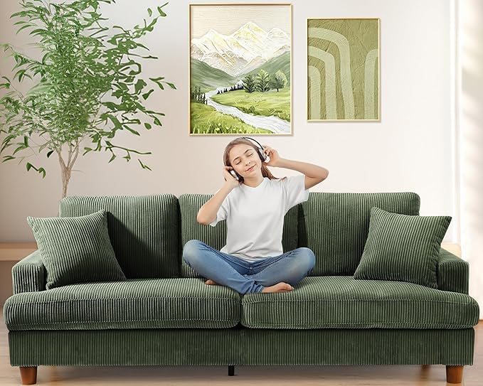 87in Corduroy Couch, Kidirect Sofa No Tool Assembly, Comfy Couches for Living Room 21in Deeper Seats, Corduroy Sofas for Living Room with 2 Pillows, Oversized Loveseat Sofa, Boho Love Seat Green Couch