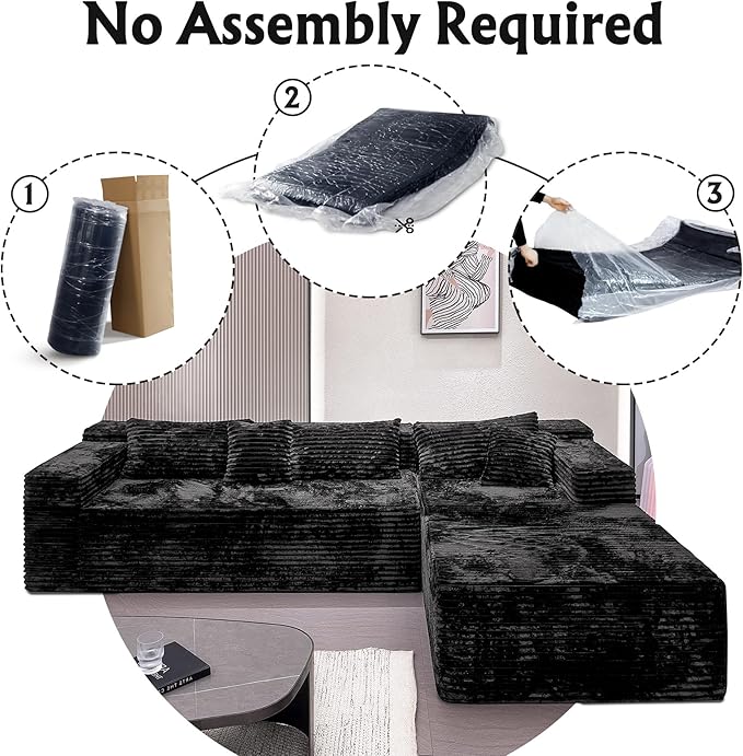 Boneless Modular Sectional Sofa, Cloud Couch with Right Facing Chaise, Oversized Deep Seat, L-Shaped, Soft Corduroy Fabric, Sectional Couch for Living Room -Black