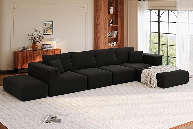 CUGOAO 152'' Oversized 2-in-1 Modular Sectional Sofa Bed, Modern Boneless Couch, Extra Deep Seat Upholstery Cloud Couch, Boneless Couches for Living Room, No Assembly Required, Corduroy Black
