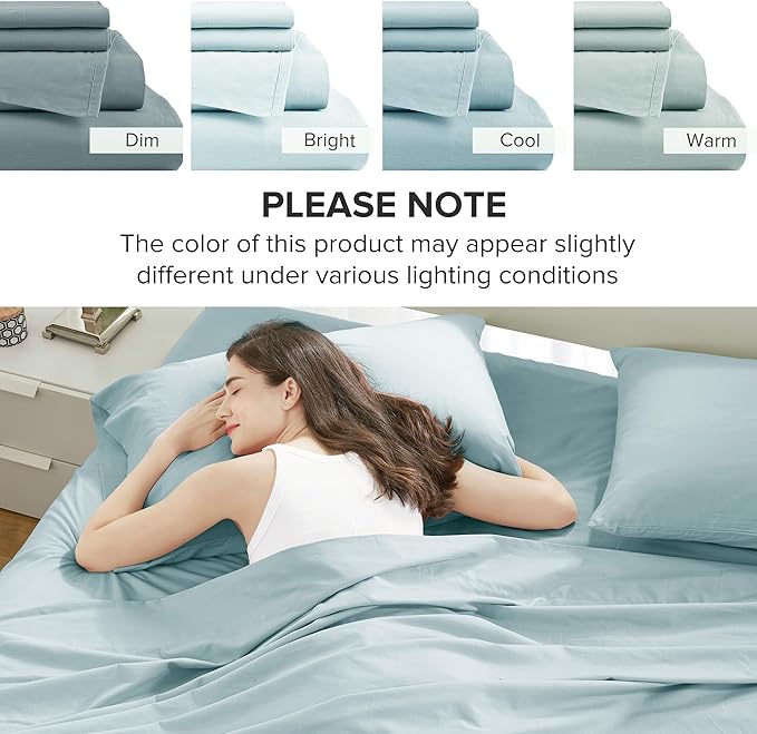 Comfort Spaces 100% Cotton Sheets King, Breathable & Soft Cotton Sheets, Naturally Cool Cotton Bed Sheets with 14" Elastic Pocket Fits up to 16" Mattress, All Season Sheet Set, Light Blue 4 Piece